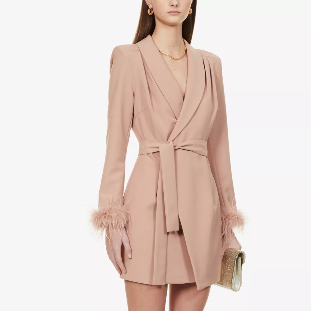 Lavish Alice Chic Blush Pink Feather Cuff Blazer Dress